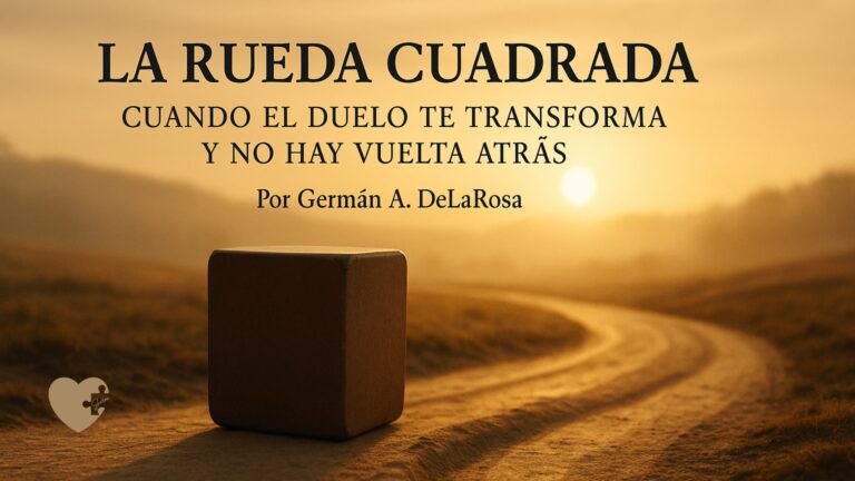 Rueda cuadrada avanzando por un camino irregular al amanecer, símbolo del duelo y la transformación interior.