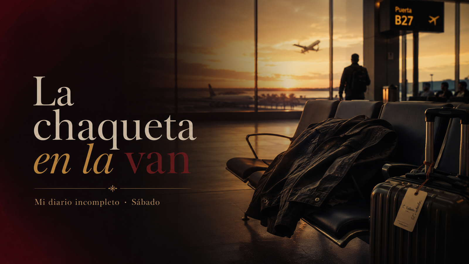 Chaqueta de cuero negra olvidada sobre asientos vacíos en sala de espera de aeropuerto. Silueta de un viajero solo contempla un avión despegando al atardecer.
