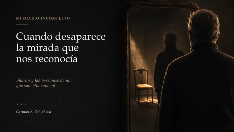 Hombre frente a un espejo y una silla vacía, símbolo del duelo y la pérdida de identidad.