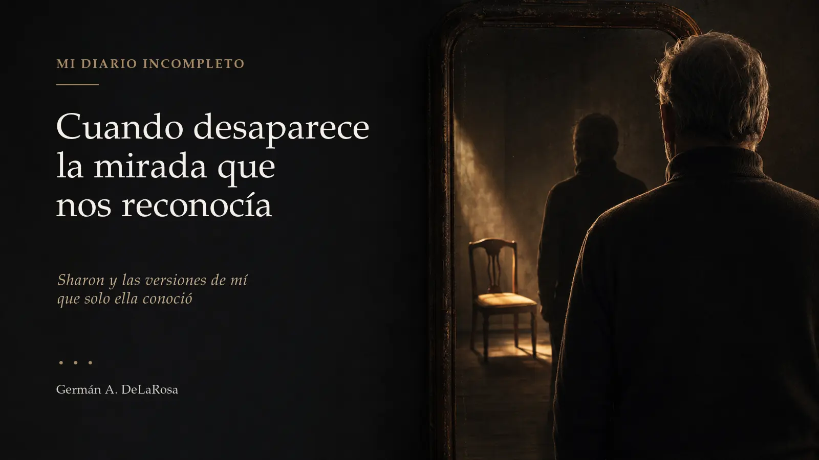Hombre frente a un espejo y una silla vacía, símbolo del duelo y la pérdida de identidad.